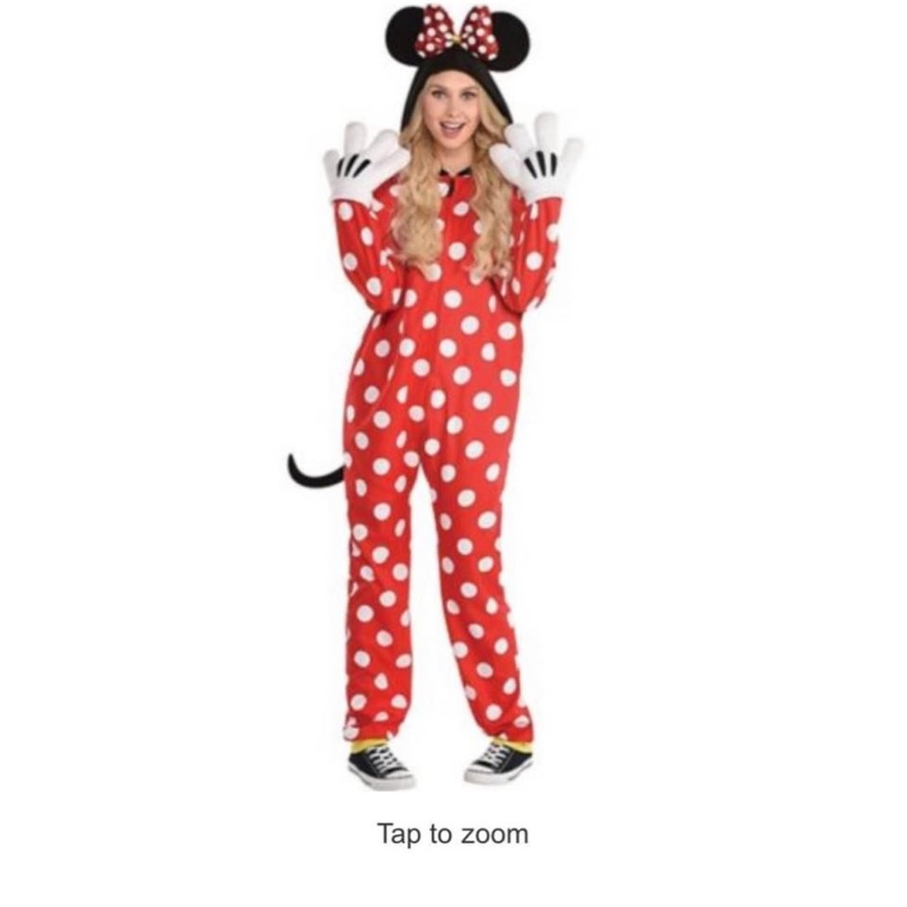 comfy disney minnie mouse costume. onesie with attached hoody and mittens.